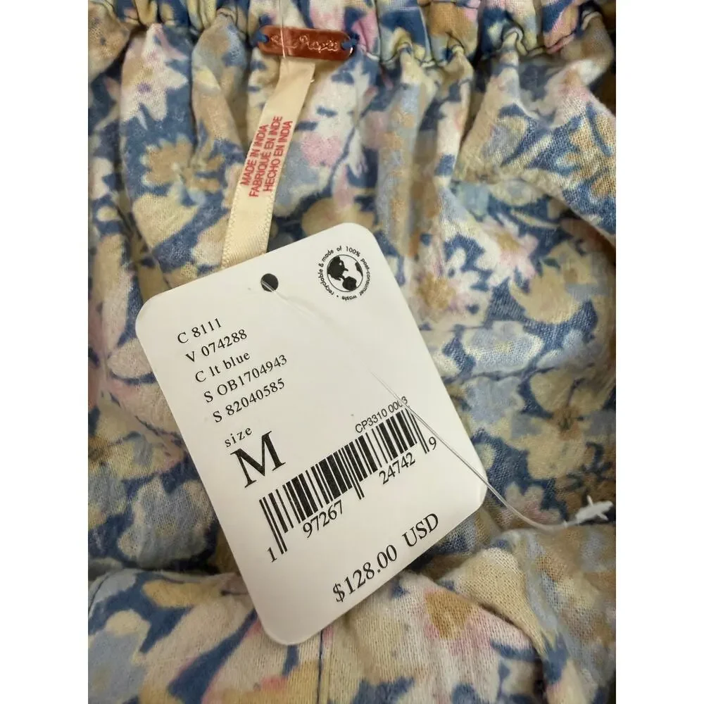 NWT Free People Floral Puff Sleeve Crop Top Size M Light Blue MSRP $128